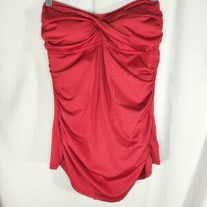 Jantzen Red Strapless Ruched Sides Tie Back Skirted One Piece Swim Suit Medium